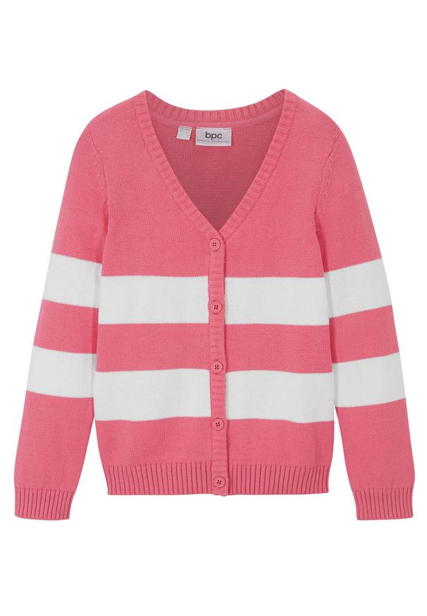 Sweter dziewczęcy rozpinany biały bonprix różowy flaming + biały. Kolor: różowy. Wzór: paski