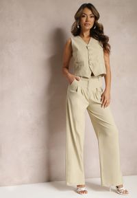 Renee - Beżowy Garniturowy Komplet Kamizelka i Proste Spodnie High Waist Nithriella. Kolor: beżowy #5