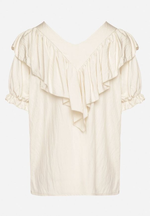 Born2be - Beżowa Bluzka z Wiskozą i Falbankami Fadevia. Okazja: na co dzień. Typ kołnierza: kołnierz z falbankami. Kolor: beżowy. Materiał: wiskoza. Długość rękawa: krótki rękaw. Długość: krótkie. Styl: casual, elegancki, wizytowy