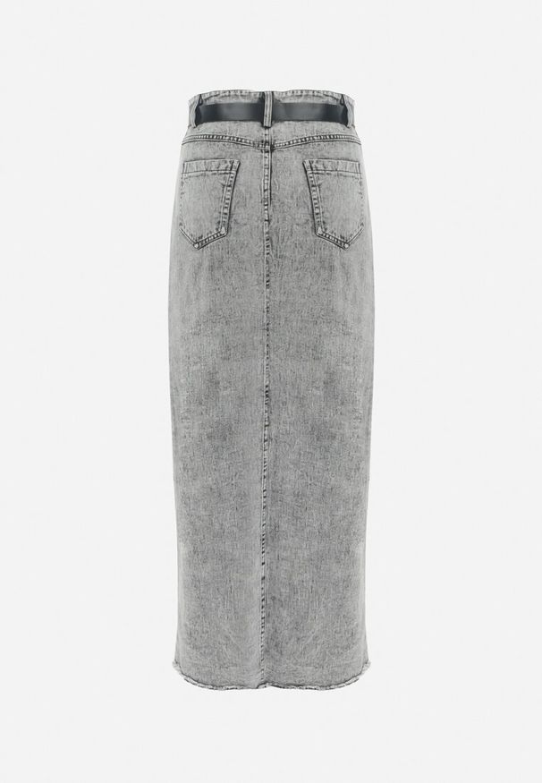 Born2be - Szara Jeansowa Spódnica Maxi z Paskiem Goergen. Stan: podwyższony. Kolor: szary. Materiał: jeans. Wzór: aplikacja