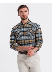 Ombre Clothing - Męska flanelowa koszula w kratę z kieszeniami - szaro-żółta V1. Kolor: szary. Materiał: bawełna. Długość rękawa: długi rękaw. Długość: długie. Styl: klasyczny
