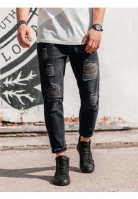 Ombre Clothing - Męskie spodnie jeansowe taper fit z dziurami - czarne V2 P1028 - XXL. Kolor: czarny. Materiał: jeans. Wzór: aplikacja. Styl: vintage, elegancki #3