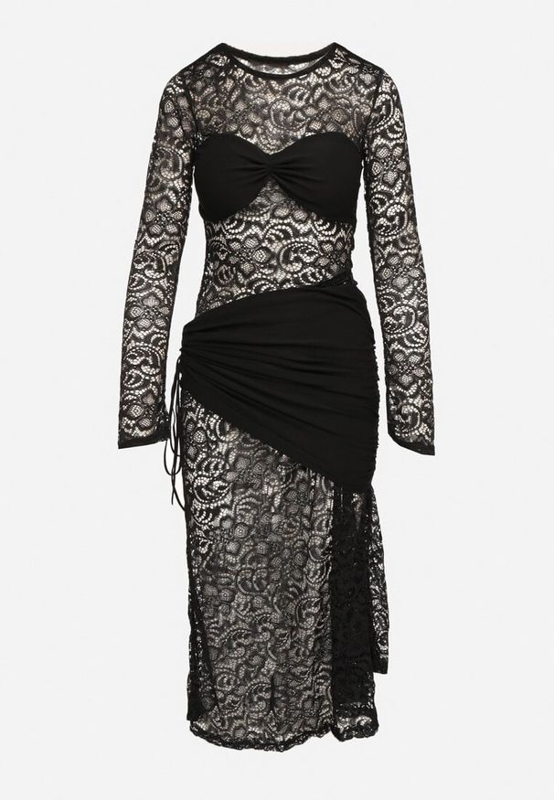 Born2be - Czarna Koktajlowa Sukienka Koronkowa z Usztywnionymi Miseczkami i Marszczeniami Temias. Kolor: czarny. Materiał: koronka. Długość rękawa: długi rękaw. Wzór: koronka. Styl: wizytowy