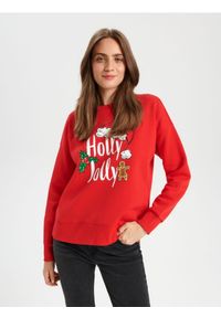 Sinsay - Bluza - czerwony. Kolor: czerwony. Materiał: dzianina. Wzór: nadruk. Styl: wizytowy