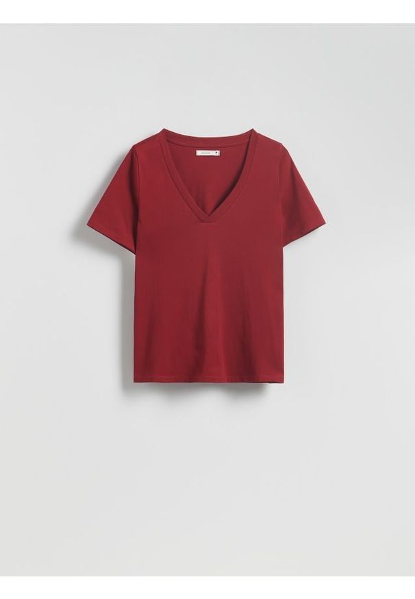 Reserved - T-shirt regular z dekoltem V - czerwony. Kolor: czerwony. Materiał: dzianina, bawełna