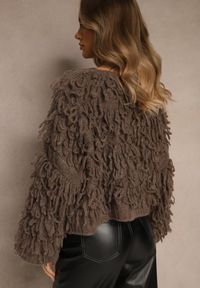 Renee - Jasnobrązowy Kardigan z Wiązaniem i Frędzlami z Domieszką Wełny i Wiskozy Tiseana. Okazja: na co dzień. Typ kołnierza: dekolt w serek. Kolor: brązowy. Materiał: wełna, wiskoza. Styl: casual #2