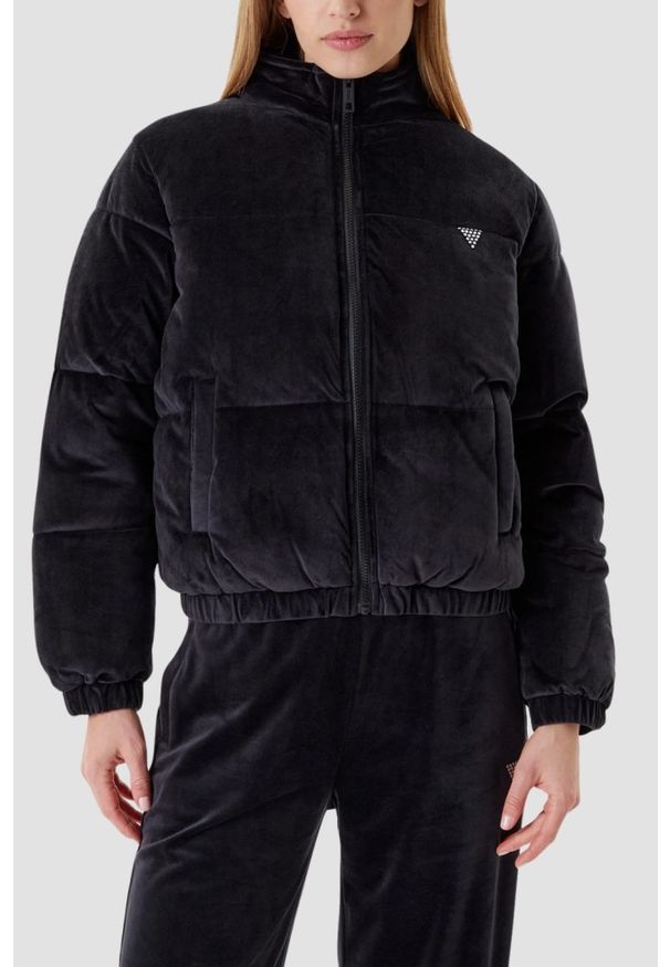 Guess - GUESS Сzarna zamszowa kurtka damska Couture Puffer. Kolor: czarny. Materiał: zamsz