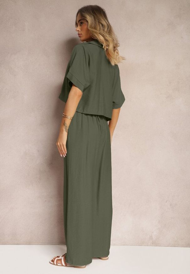 Renee - Ciemnozielony 2-Częściowy Komplet z Wiskozy Koszula o Luźnym Kroju Szerokie Spodnie Velvitela. Kolor: zielony. Materiał: wiskoza. Wzór: bez wzorów