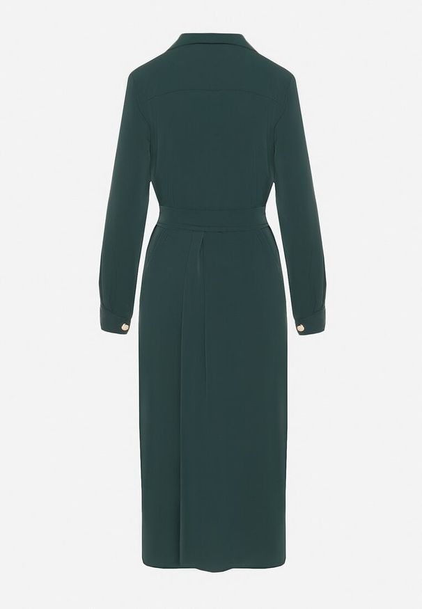 Born2be - Ciemnozielona Koszulowa Sukienka z Eleganckimi Guzikami i Wiązanym Paskiem w Talii Kortella. Okazja: na co dzień, na spotkanie biznesowe. Typ kołnierza: dekolt w serek. Kolor: zielony. Długość rękawa: długi rękaw. Typ sukienki: koszulowe. Styl: elegancki