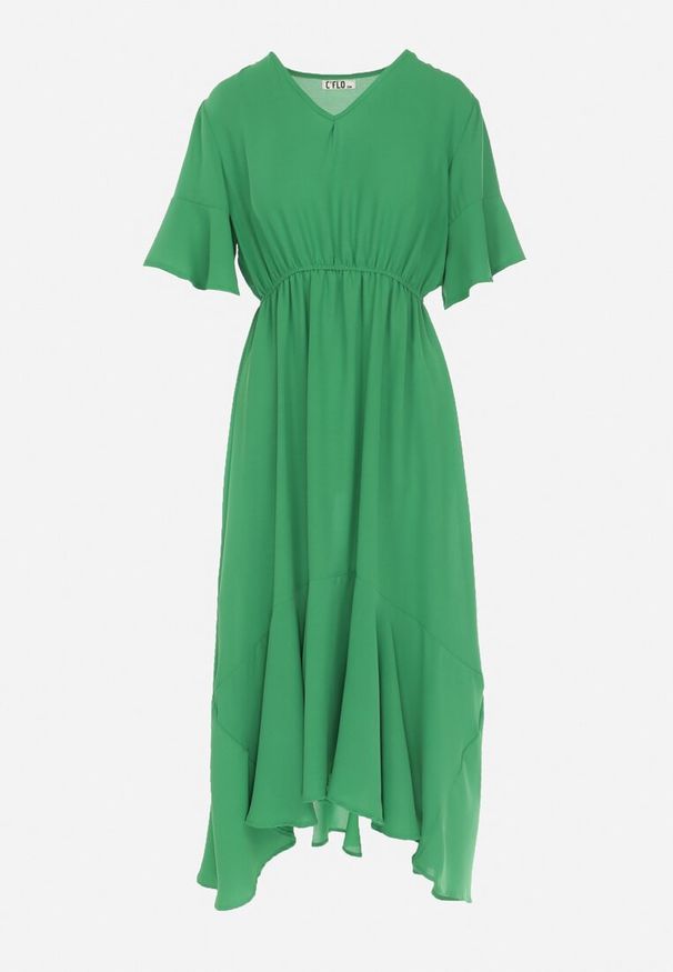 Born2be - Jasnozielona Sukienka Stamorus. Typ kołnierza: kołnierz z falbankami. Kolor: zielony. Długość rękawa: krótki rękaw. Wzór: aplikacja. Styl: klasyczny. Długość: midi