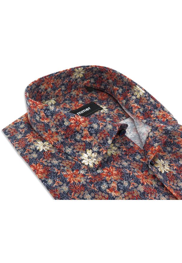 Mmer / Villaro - Koszule męskie - Granatowa koszula męska w pomarańczowe kwiatki F062. Kolor: wielokolorowy, niebieski, pomarańczowy. Materiał: bawełna, elastan, tkanina. Długość: długie. Wzór: kwiaty