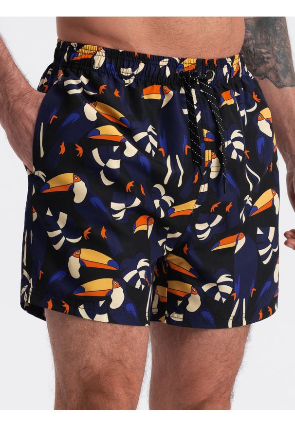 Ombre Clothing - Szorty męskie kąpielówki w tukany - czarno-granatowe V1 - Rozmiar: L. Okazja: na plażę. Kolor: niebieski. Materiał: poliester, materiał
