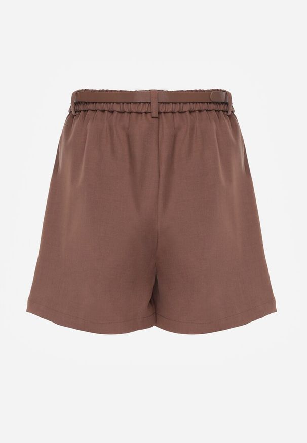 Renee - Brązowe Szorty Ozdobione Paskiem i Metaliczną Klamrą Tinalin. Okazja: na co dzień. Kolor: brązowy. Wzór: aplikacja. Sezon: wiosna. Styl: casual, elegancki