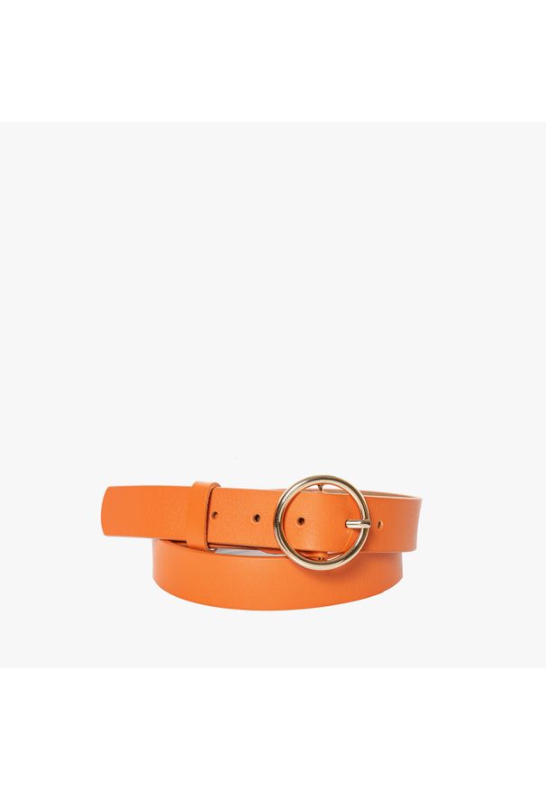 Ryłko - Pomarańczowy pasek damski ze złotą klamrą PASEK DAMSKI. Kolor: złoty, pomarańczowy, wielokolorowy. Materiał: skóra