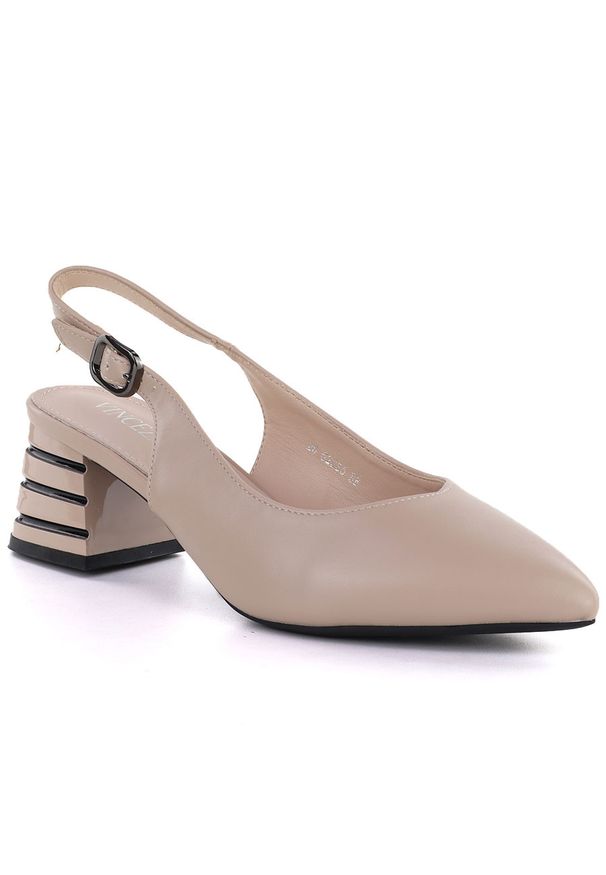 Sandały damskie na ozdobnym obcasie beżowe Vinceza 26-62285. Kolor: beżowy. Materiał: skóra ekologiczna. Obcas: na obcasie. Wysokość obcasa: średni