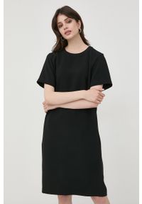 BOSS sukienka kolor czarny mini prosta. Okazja: na co dzień. Kolor: czarny. Materiał: tkanina, włókno. Długość rękawa: krótki rękaw. Typ sukienki: proste. Styl: casual. Długość: mini #3