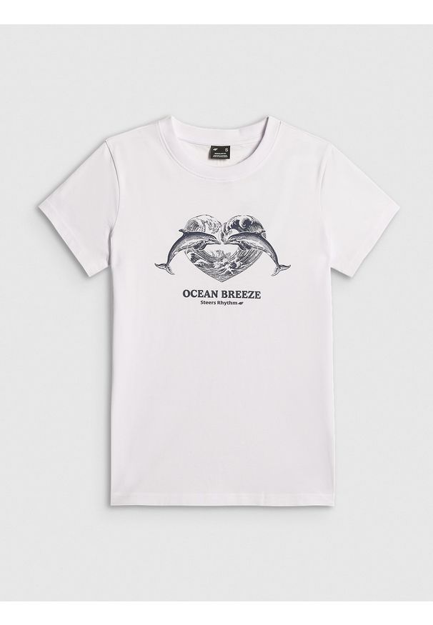 4f - 4F T-shirt regular z nadrukiem damski - biały M. Okazja: na co dzień. Kolor: biały. Materiał: dzianina, bawełna. Wzór: nadruk. Styl: casual, klasyczny