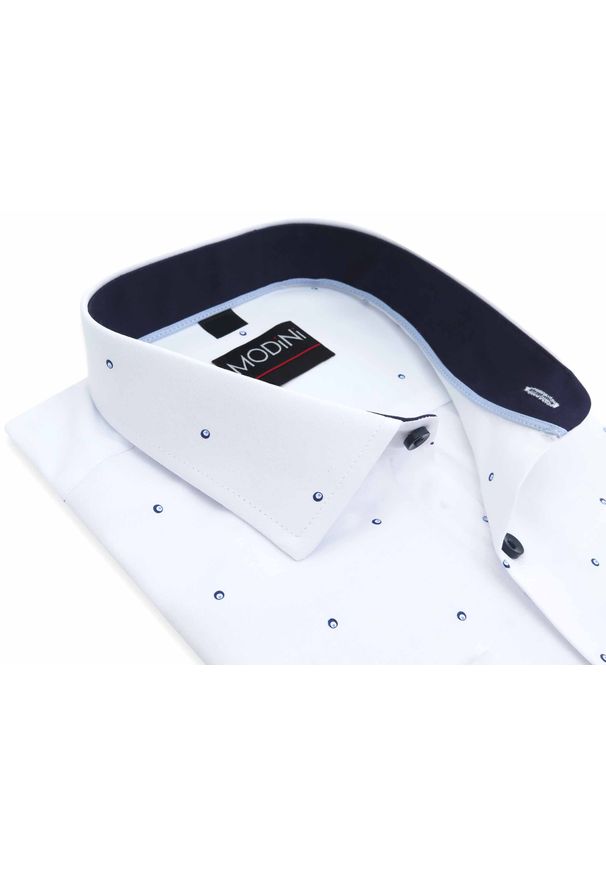 Modini - Biała koszula męska w granatowy wzorek Y42. Kolor: biały, wielokolorowy, niebieski. Materiał: bawełna, poliester, tkanina