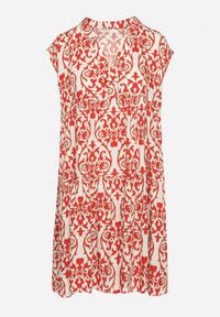 Born2be - Czerwona Bawełniane Sukienka o Rozkloszowanym Kroju Ozdobiona Falbanką Linola. Okazja: na co dzień. Kolor: czerwony. Materiał: bawełna. Wzór: aplikacja. Sezon: lato. Styl: elegancki, casual #2