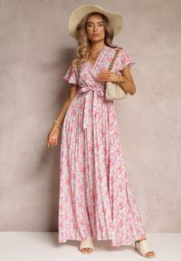 Renee - Jasnoróżowa Plisowana Sukienka Maxi w Kwiatki z Gumką w Talii Ikama. Kolor: różowy. Materiał: materiał. Wzór: kwiaty. Długość: maxi #3