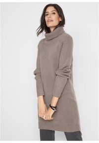 bonprix - Długi sweter z golfem. Typ kołnierza: golf. Kolor: brązowy. Długość: długie. Wzór: prążki #1