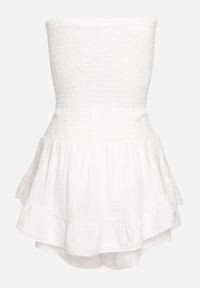 Born2be - Biały Kombinezon z Bawełny z Elastyczną Gumką w Talii i Falbanką Olialia. Okazja: na spacer. Kolor: biały. Materiał: bawełna. Sezon: lato #4