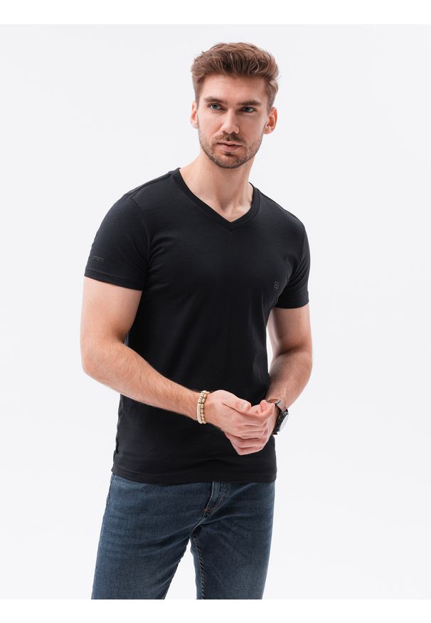 Ombre Clothing - T-shirt męski bez nadruku S1183 - czarny - XXL. Typ kołnierza: dekolt w serek. Kolor: czarny. Materiał: bawełna, elastan. Styl: klasyczny