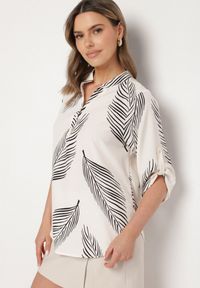 Born2be - Jasnobeżowa Koszula z Bawełną we Wzór Liści Lumavaie. Okazja: na co dzień. Kolor: beżowy. Materiał: bawełna. Styl: elegancki, casual