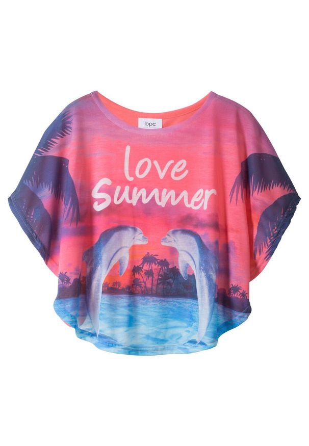 Shirt plażowy dziewczęcy bonprix jasnoróżowy z nadrukiem. Okazja: na plażę. Kolor: różowy. Wzór: nadruk