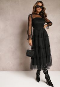 Renee - Czarna Koronkowa Sukienka Rozkloszowana z Falbanką Faberlla. Kolor: czarny. Materiał: koronka. Długość rękawa: długi rękaw. Wzór: koronka #1