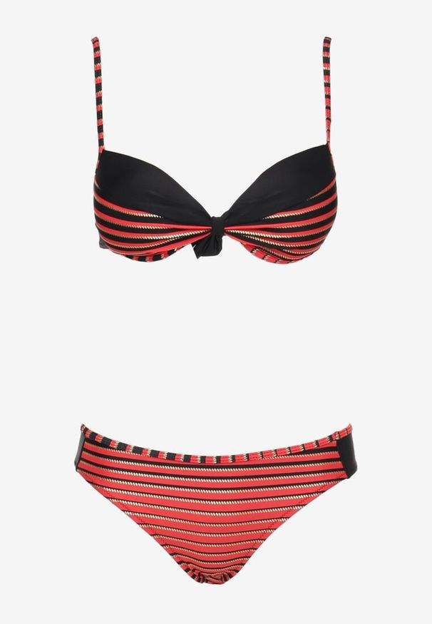 Born2be - Czerwono-Czarne Bikini 2-Częściowe w Paski Biustonosz na Cienkich Ramiączkach i Majtki Figi Catara. Kolor: czerwony. Wzór: paski