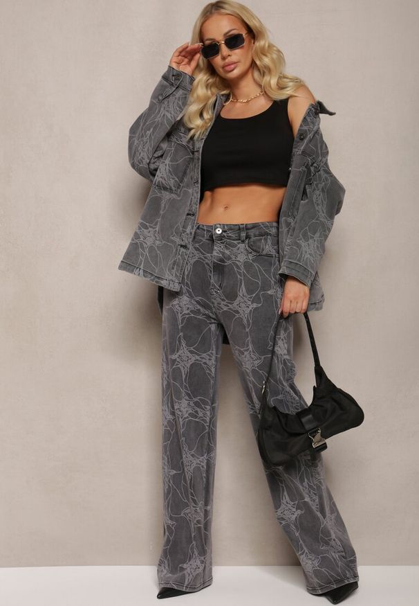 Renee - Ciemnoszare Jeansy z Bawełny High Waist Szerokie w Abstrakcyjny Wzór Orithiia. Okazja: na co dzień. Stan: podwyższony. Kolor: szary. Styl: casual
