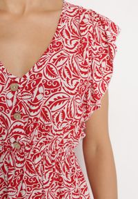 Born2be - Czerwona Sukienka Bawełniana z Gumką w Talii i Mozaikowym Wzorem Indaria. Kolor: czerwony. Materiał: bawełna #2