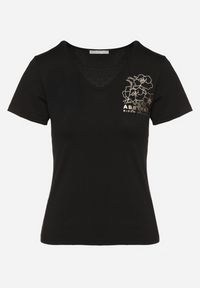 Born2be - Czarny T-shirt Koszulka z Trójkątnym Dekoltem z Bawełny Ozdobiona Nadrukiem Elanoa. Okazja: na co dzień. Kolor: czarny. Materiał: bawełna. Wzór: aplikacja, nadruk. Styl: casual, elegancki #6