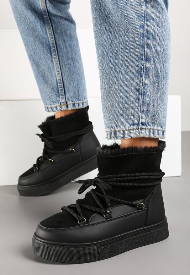 Renee - Czarne Sznurowane Śniegowce na Platformie Izastria. Okazja: na co dzień. Kolor: czarny. Materiał: skóra, wełna, jeans. Szerokość cholewki: normalna. Sezon: zima. Obcas: na platformie. Styl: casual, elegancki