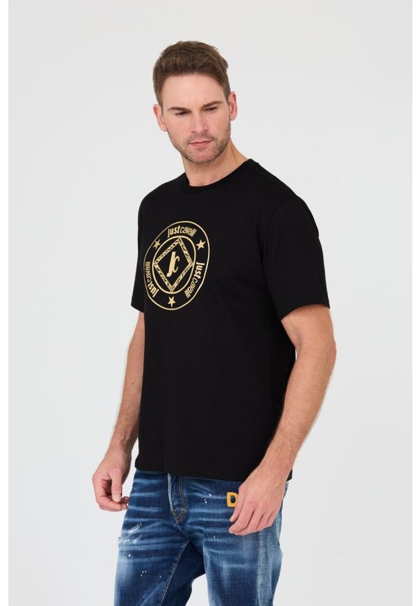 Just Cavalli - JUST CAVALLI Czarny męski t-shirt Fiche Gold, Rozmiar S. Kolor: czarny