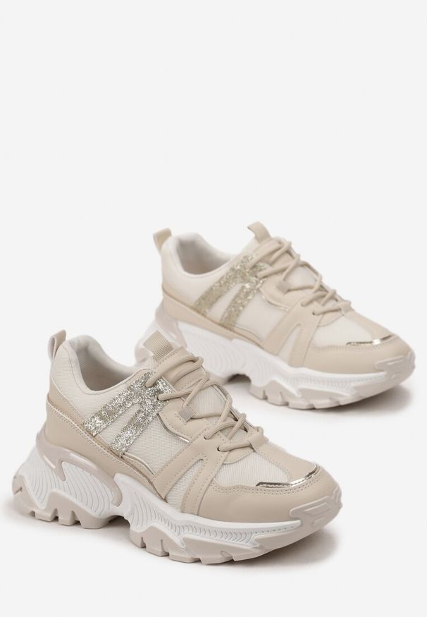 Renee - Beżowe Sznurowane Sneakersy na Grubej Podeszwie ze Wstawkami i Brokatem Widgeta. Kolor: beżowy