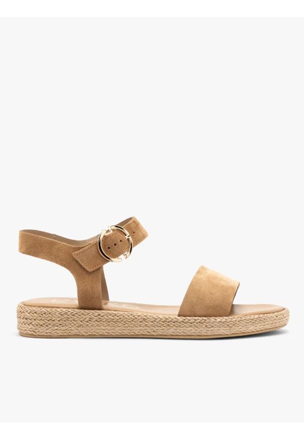Ryłko - Rude sandały damskie. Zapięcie: sprzączka. Kolor: brązowy. Materiał: skóra, welur. Sezon: lato. Styl: street, elegancki