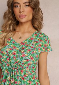 Renee - Miętowo-Zielona Kwiecista Sukienka Mini z Wiskozy z Krótkim Rękawem Ayela. Kolor: zielony. Materiał: wiskoza. Długość rękawa: krótki rękaw. Długość: mini #5