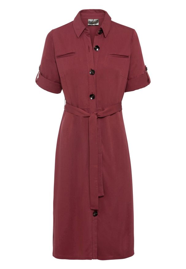 Sukienka midi bonprix czerwono-brązowy. Kolor: czerwony. Materiał: materiał, wiskoza. Długość rękawa: krótki rękaw. Typ sukienki: szmizjerki. Długość: midi