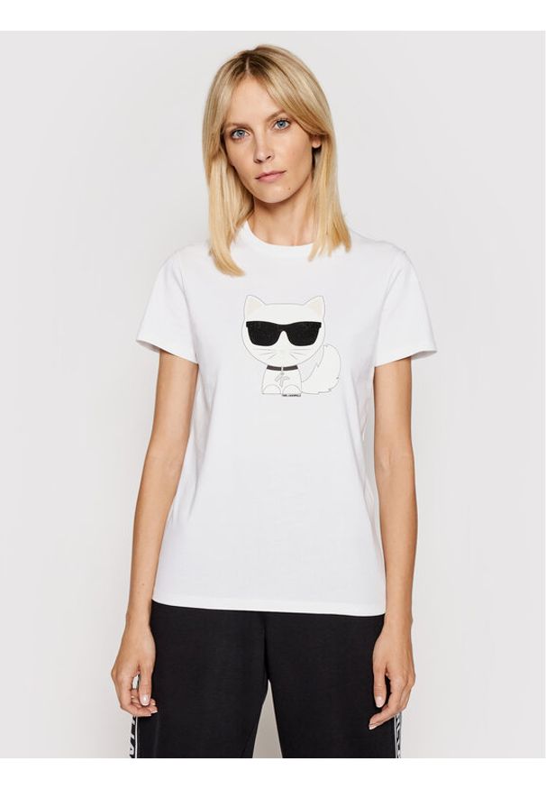 Karl Lagerfeld - KARL LAGERFELD T-Shirt Ikonik Choupette 210W1723 Biały Regular Fit. Typ kołnierza: dekolt w karo. Kolor: biały. Materiał: bawełna