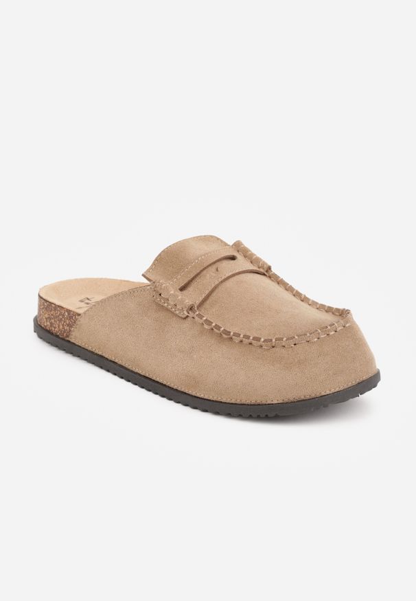 Renee - Ciemnobeżowe Klapki Mule na Podeszwie z Korka z Ozdobnymi Przeszyciami Chionessa. Okazja: na co dzień. Kolor: beżowy. Styl: retro, casual