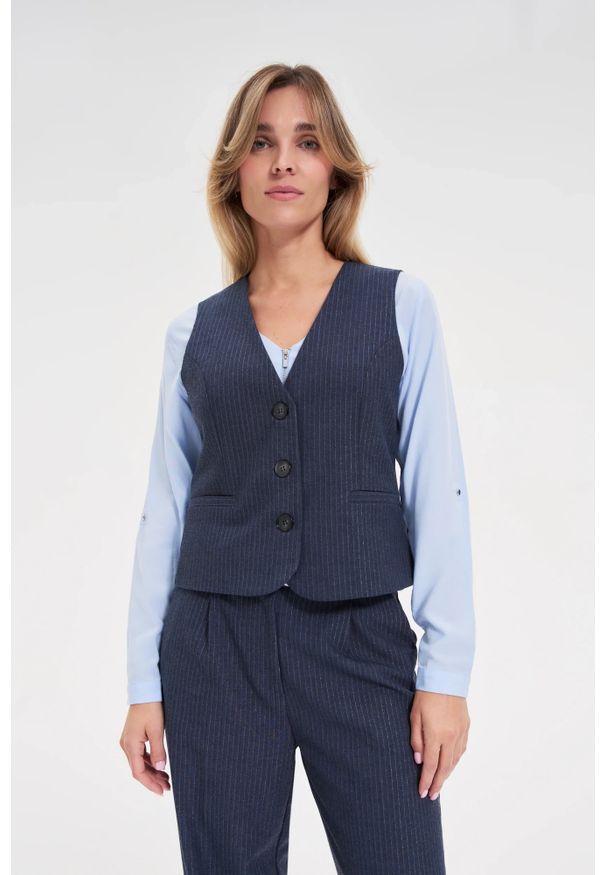 MOODO - Kamizelka w paski granatowa. Kolor: niebieski. Materiał: poliester, elastan, wiskoza. Wzór: paski