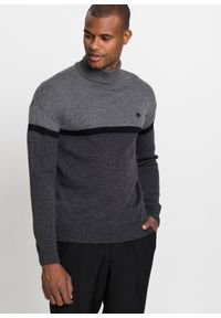 bonprix - Sweter z golfem, z blokami kolorów. Typ kołnierza: golf. Kolor: szary. Wzór: haft, kolorowy #1