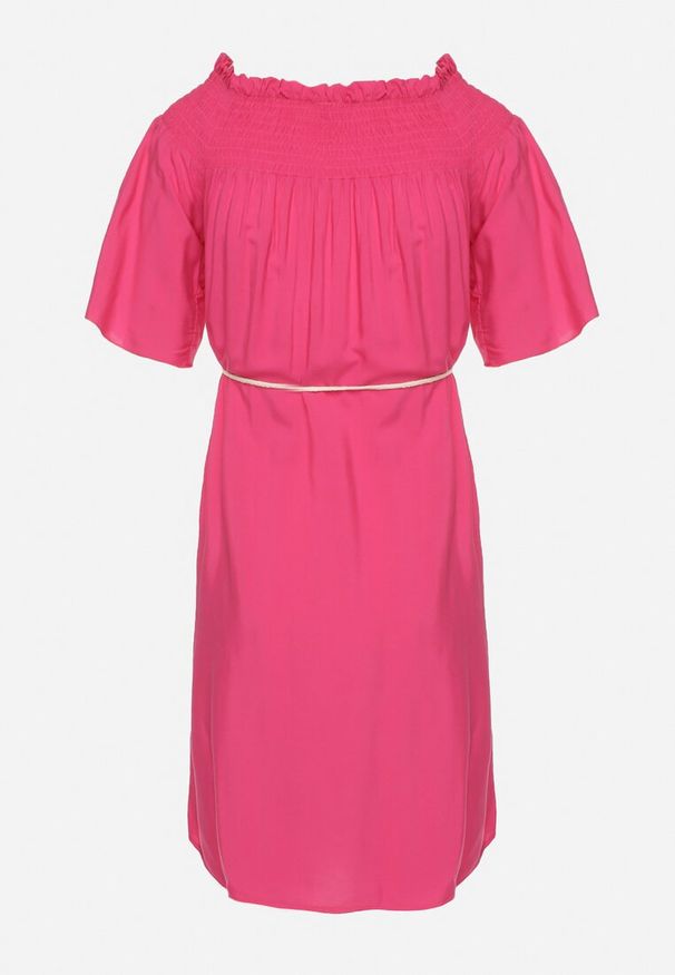 Born2be - Fuksjowa Sukienka z Wiskozą Bawełną Hiszpańskim Dekoltem i Sznurkiem Lilarenne. Okazja: na co dzień. Kolor: różowy. Materiał: wiskoza, bawełna. Sezon: lato. Styl: elegancki, casual