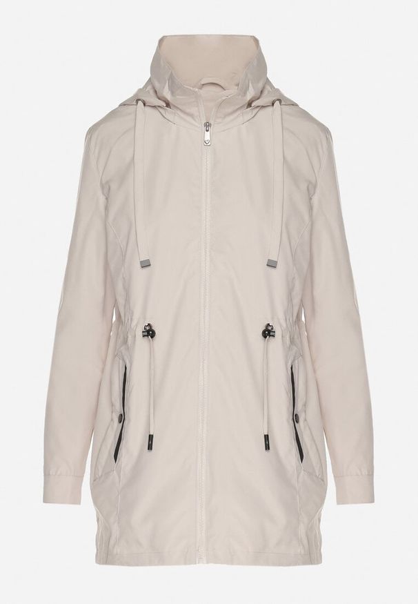 Born2be - Jasnobeżowa Kurtka Parka ze Sznurkiem w Talii i Kapturem Teridi. Okazja: na co dzień. Kolor: beżowy. Materiał: jeans. Długość rękawa: długi rękaw. Długość: długie. Styl: elegancki, casual