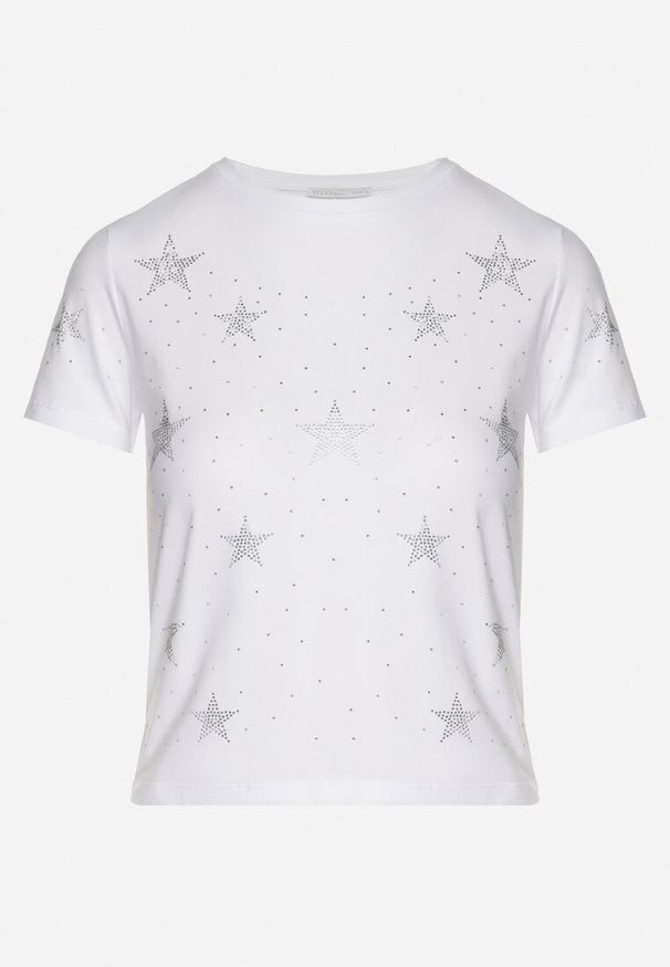 Born2be - Biały Bawełniany T-shirt z Cyrkoniowymi Aplikacjami w Gwiazdki Tenivella. Okazja: na spotkanie biznesowe, na co dzień, do pracy. Kolor: biały. Materiał: bawełna. Wzór: aplikacja. Styl: elegancki, biznesowy, casual