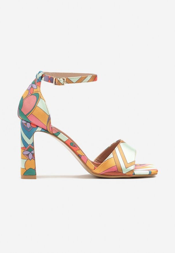 Born2be - Pomarańczowe Sandały na Słupku Zdobione Abstrakcyjnym Wzorem Gavineas. Okazja: na co dzień. Nosek buta: otwarty. Kolor: pomarańczowy. Materiał: len. Wzór: aplikacja. Sezon: lato. Obcas: na słupku. Styl: elegancki, casual