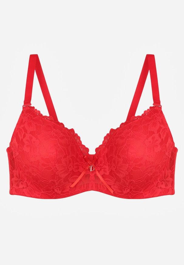 Renee - Czerwony Biustonosz Ozdobiony Koronką i Kokardką Aqiany. Kolor: czerwony. Materiał: koronka. Wzór: koronka, aplikacja