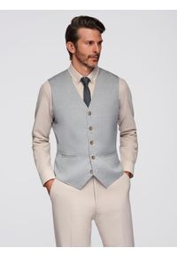 Ombre Clothing - Garniturowa żakardowa męska kamizelka bez klap - jasnoszara V1. Kolor: szary. Materiał: żakard. Wzór: gładki
